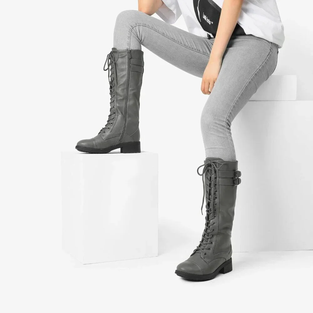 Women's Polyurethane Pu Georgia Grey Double buckle Knee High Riding Combat Boot